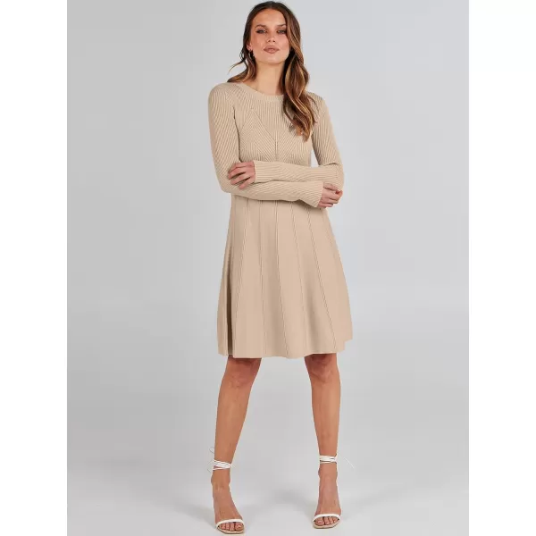 imageANRABESS Women Midi Sweater Dress Long Sleeve Crewneck High Waist Casual ALine Pleated DressesLight Apricot