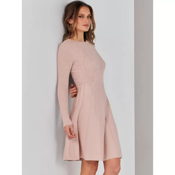 imageANRABESS Women Midi Sweater Dress Long Sleeve Crewneck High Waist Casual ALine Pleated DressesPink