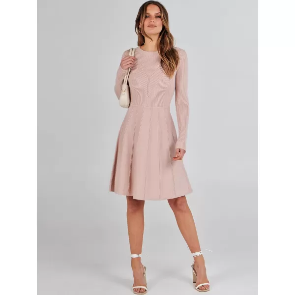 imageANRABESS Women Midi Sweater Dress Long Sleeve Crewneck High Waist Casual ALine Pleated DressesPink