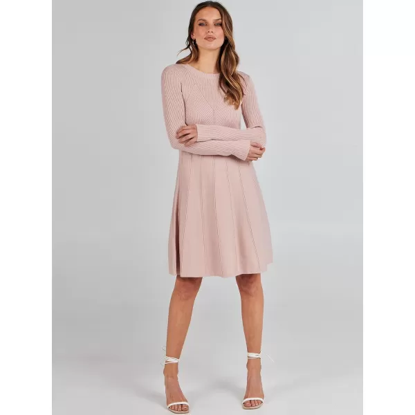 imageANRABESS Women Midi Sweater Dress Long Sleeve Crewneck High Waist Casual ALine Pleated DressesPink