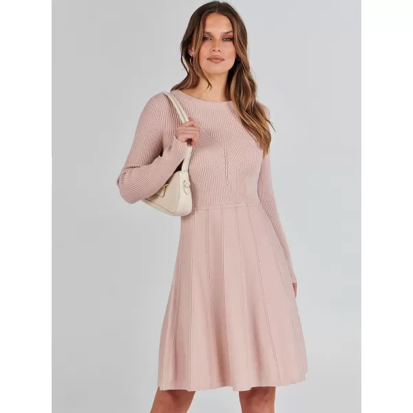 imageANRABESS Women Midi Sweater Dress Long Sleeve Crewneck High Waist Casual ALine Pleated DressesPink