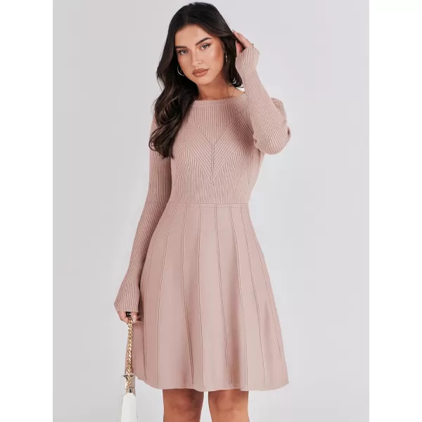 imageANRABESS Women Midi Sweater Dress Long Sleeve Crewneck High Waist Casual ALine Pleated DressesPink