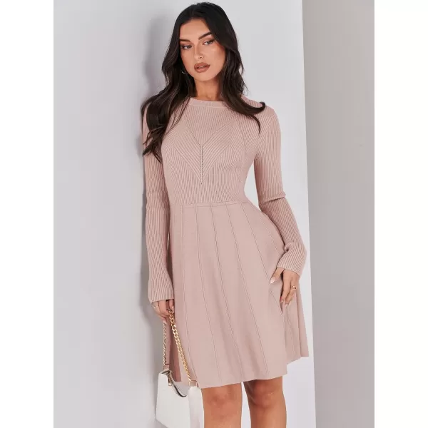 imageANRABESS Women Midi Sweater Dress Long Sleeve Crewneck High Waist Casual ALine Pleated DressesPink