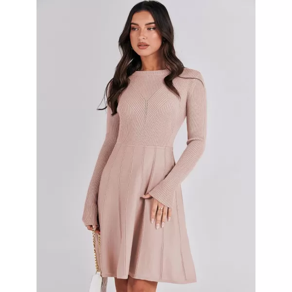 imageANRABESS Women Midi Sweater Dress Long Sleeve Crewneck High Waist Casual ALine Pleated DressesPink