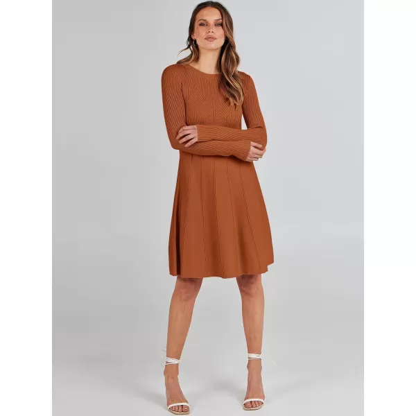 imageANRABESS Women Midi Sweater Dress Long Sleeve Crewneck High Waist Casual ALine Pleated DressesRust