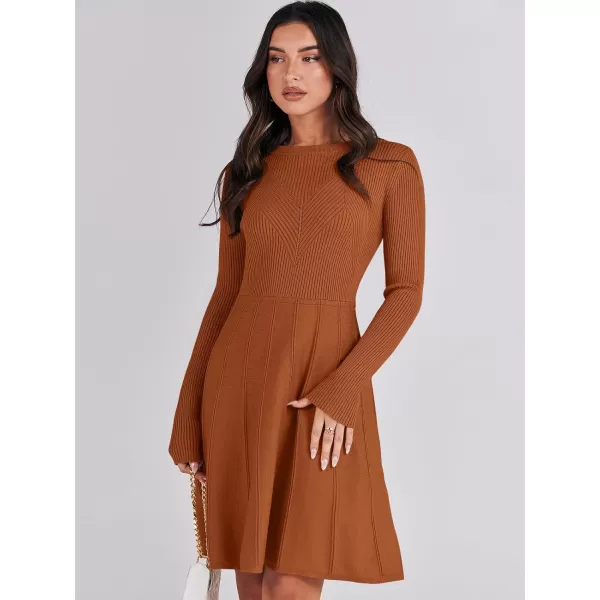 imageANRABESS Women Midi Sweater Dress Long Sleeve Crewneck High Waist Casual ALine Pleated DressesRust