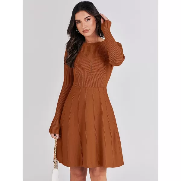 imageANRABESS Women Midi Sweater Dress Long Sleeve Crewneck High Waist Casual ALine Pleated DressesRust