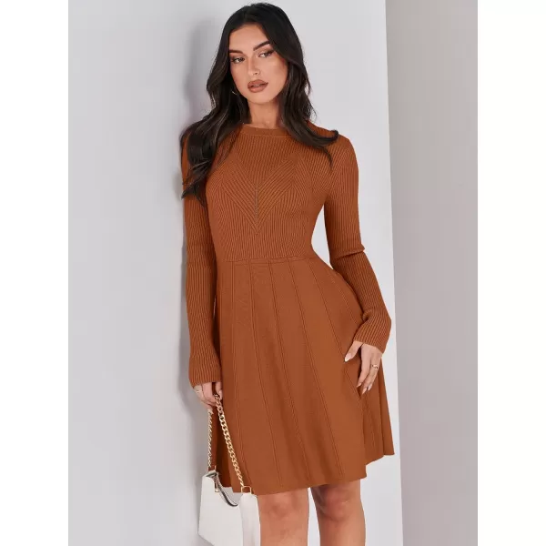 imageANRABESS Women Midi Sweater Dress Long Sleeve Crewneck High Waist Casual ALine Pleated DressesRust