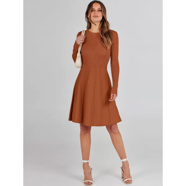 imageANRABESS Women Midi Sweater Dress Long Sleeve Crewneck High Waist Casual ALine Pleated DressesRust