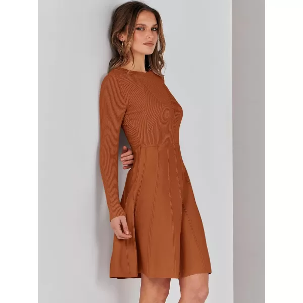 imageANRABESS Women Midi Sweater Dress Long Sleeve Crewneck High Waist Casual ALine Pleated DressesRust