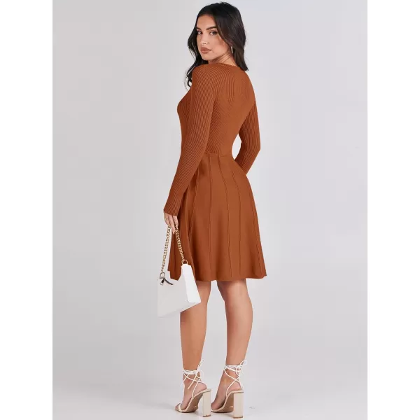 imageANRABESS Women Midi Sweater Dress Long Sleeve Crewneck High Waist Casual ALine Pleated DressesRust