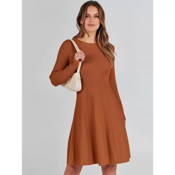 imageANRABESS Women Midi Sweater Dress Long Sleeve Crewneck High Waist Casual ALine Pleated DressesRust