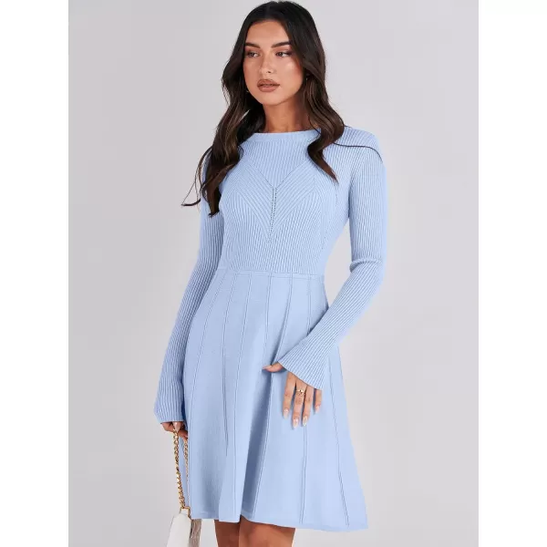 imageANRABESS Women Midi Sweater Dress Long Sleeve Crewneck High Waist Casual ALine Pleated DressesSky