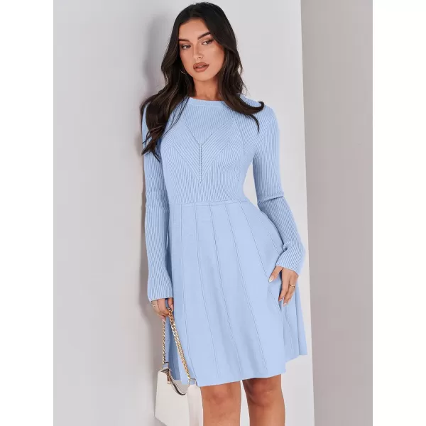 imageANRABESS Women Midi Sweater Dress Long Sleeve Crewneck High Waist Casual ALine Pleated DressesSky