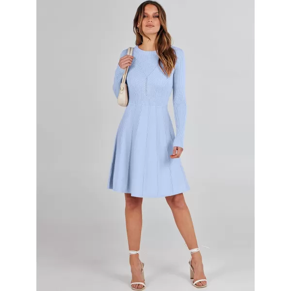 imageANRABESS Women Midi Sweater Dress Long Sleeve Crewneck High Waist Casual ALine Pleated DressesSky