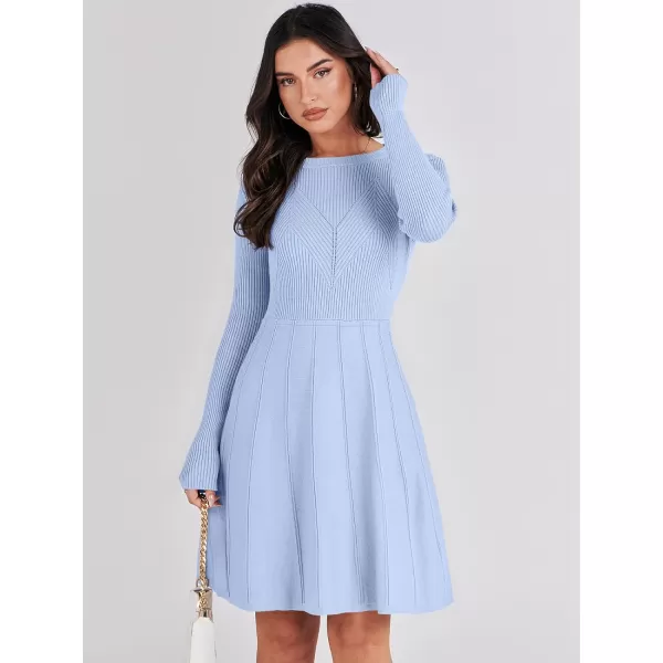imageANRABESS Women Midi Sweater Dress Long Sleeve Crewneck High Waist Casual ALine Pleated DressesSky