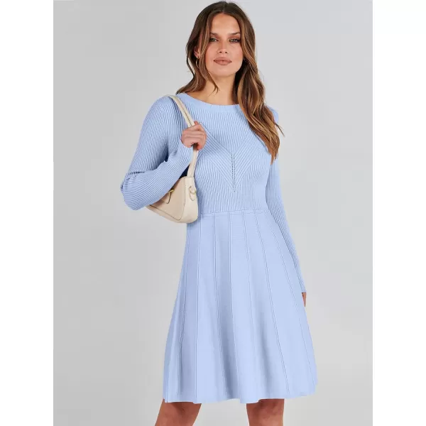 imageANRABESS Women Midi Sweater Dress Long Sleeve Crewneck High Waist Casual ALine Pleated DressesSky