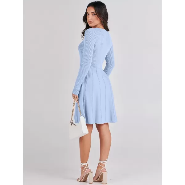 imageANRABESS Women Midi Sweater Dress Long Sleeve Crewneck High Waist Casual ALine Pleated DressesSky