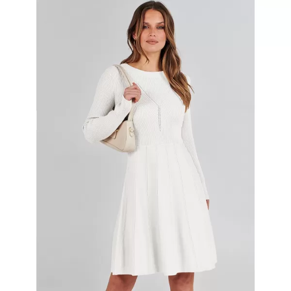 imageANRABESS Women Midi Sweater Dress Long Sleeve Crewneck High Waist Casual ALine Pleated DressesWhite