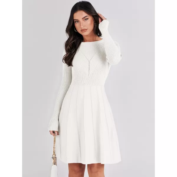 imageANRABESS Women Midi Sweater Dress Long Sleeve Crewneck High Waist Casual ALine Pleated DressesWhite