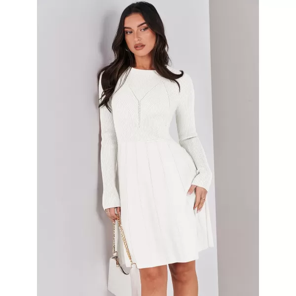 imageANRABESS Women Midi Sweater Dress Long Sleeve Crewneck High Waist Casual ALine Pleated DressesWhite