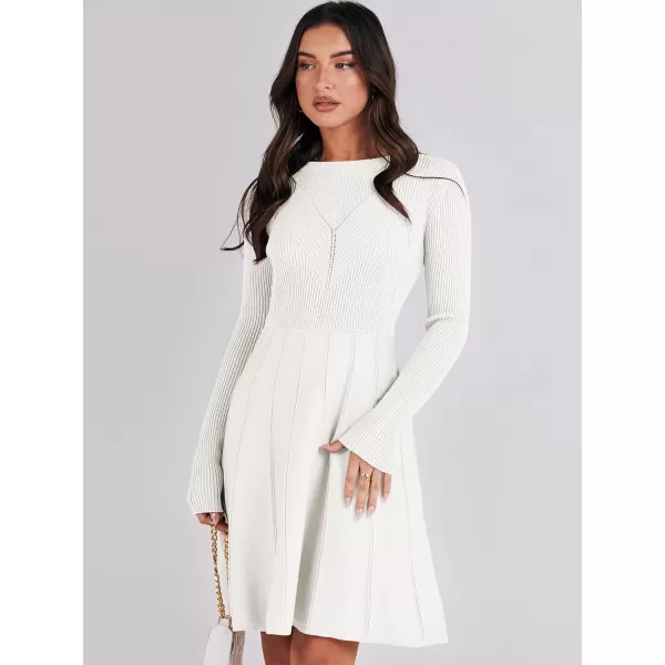 imageANRABESS Women Midi Sweater Dress Long Sleeve Crewneck High Waist Casual ALine Pleated DressesWhite