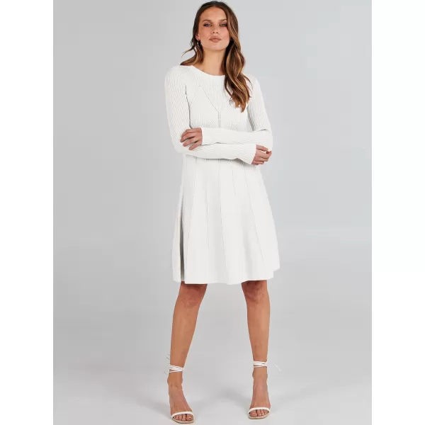 imageANRABESS Women Midi Sweater Dress Long Sleeve Crewneck High Waist Casual ALine Pleated DressesWhite