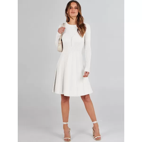 imageANRABESS Women Midi Sweater Dress Long Sleeve Crewneck High Waist Casual ALine Pleated DressesWhite