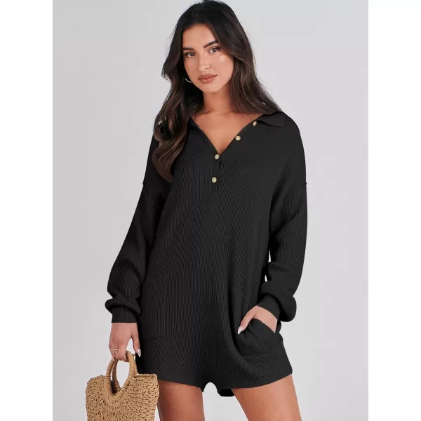 imageANRABESS Women One Piece Pajamas Sweater Rompers 2024 Spring Around House Lounging Outfits Long SLeeve Knit JumpsuitsBlack
