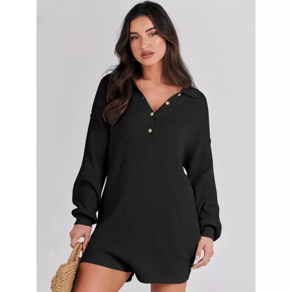 imageANRABESS Women One Piece Pajamas Sweater Rompers 2024 Spring Around House Lounging Outfits Long SLeeve Knit JumpsuitsBlack