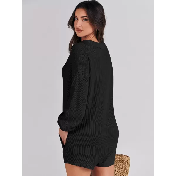 imageANRABESS Women One Piece Pajamas Sweater Rompers 2024 Spring Around House Lounging Outfits Long SLeeve Knit JumpsuitsBlack