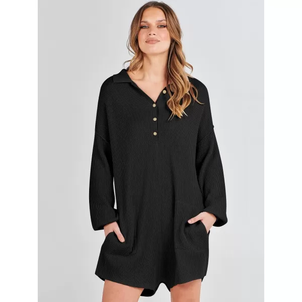 imageANRABESS Women One Piece Pajamas Sweater Rompers 2024 Spring Around House Lounging Outfits Long SLeeve Knit JumpsuitsBlack