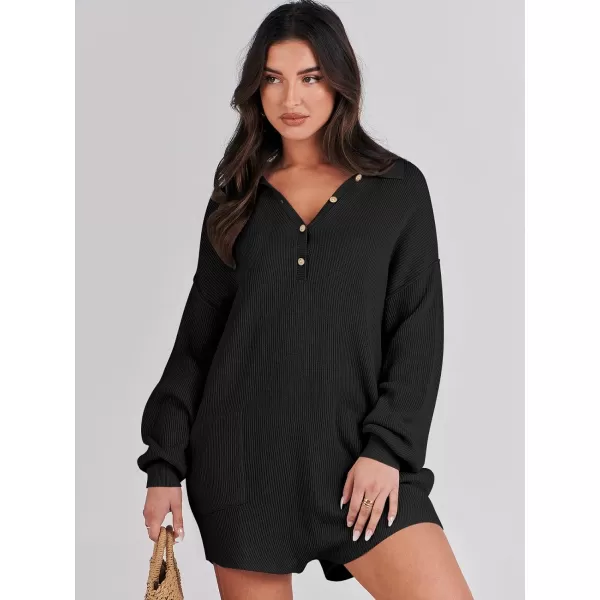imageANRABESS Women One Piece Pajamas Sweater Rompers 2024 Spring Around House Lounging Outfits Long SLeeve Knit JumpsuitsBlack