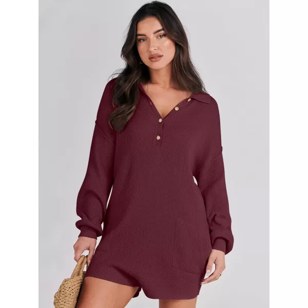 imageANRABESS Women One Piece Pajamas Sweater Rompers 2024 Spring Around House Lounging Outfits Long SLeeve Knit JumpsuitsBurgundy