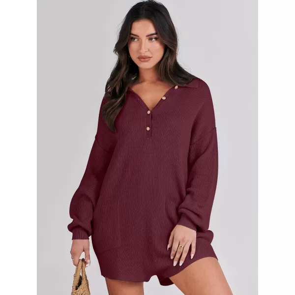 imageANRABESS Women One Piece Pajamas Sweater Rompers 2024 Spring Around House Lounging Outfits Long SLeeve Knit JumpsuitsBurgundy
