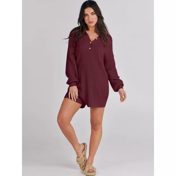 imageANRABESS Women One Piece Pajamas Sweater Rompers 2024 Spring Around House Lounging Outfits Long SLeeve Knit JumpsuitsBurgundy