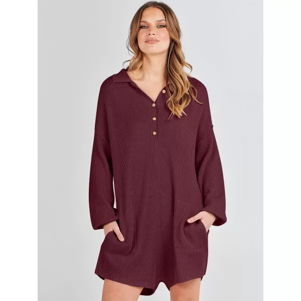 imageANRABESS Women One Piece Pajamas Sweater Rompers 2024 Spring Around House Lounging Outfits Long SLeeve Knit JumpsuitsBurgundy