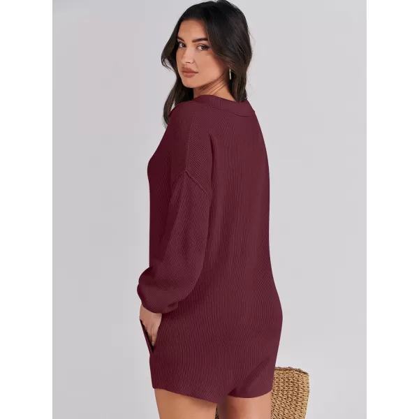 imageANRABESS Women One Piece Pajamas Sweater Rompers 2024 Spring Around House Lounging Outfits Long SLeeve Knit JumpsuitsBurgundy