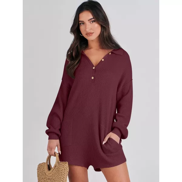 imageANRABESS Women One Piece Pajamas Sweater Rompers 2024 Spring Around House Lounging Outfits Long SLeeve Knit JumpsuitsBurgundy