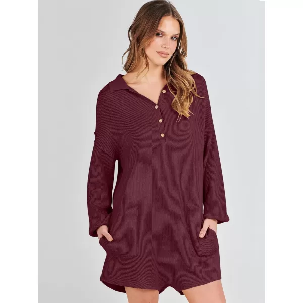 imageANRABESS Women One Piece Pajamas Sweater Rompers 2024 Spring Around House Lounging Outfits Long SLeeve Knit JumpsuitsBurgundy