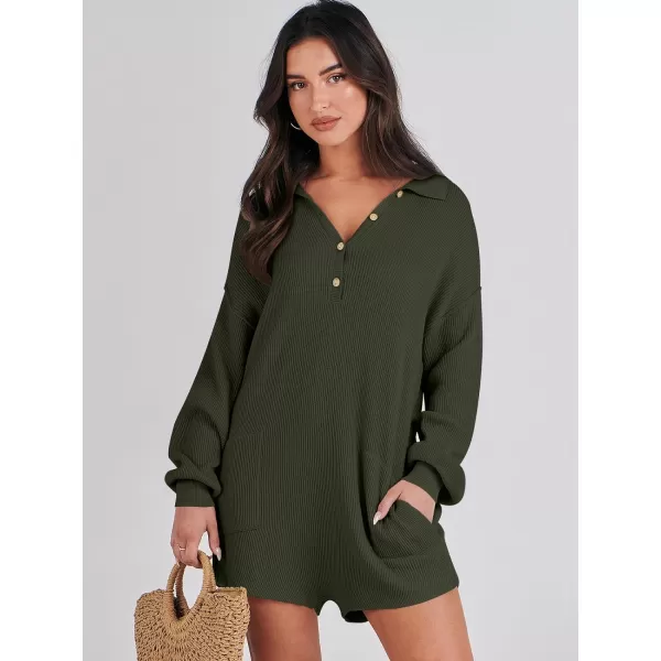 imageANRABESS Women One Piece Pajamas Sweater Rompers 2024 Spring Around House Lounging Outfits Long SLeeve Knit JumpsuitsDark Green