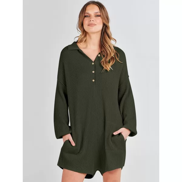 imageANRABESS Women One Piece Pajamas Sweater Rompers 2024 Spring Around House Lounging Outfits Long SLeeve Knit JumpsuitsDark Green