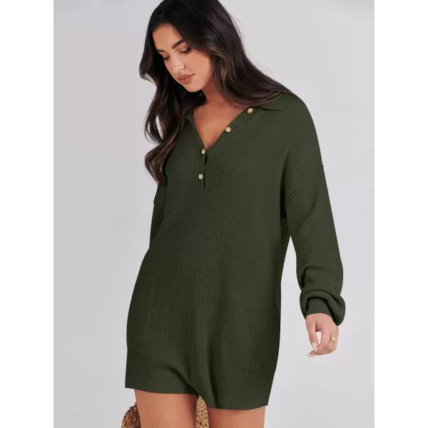imageANRABESS Women One Piece Pajamas Sweater Rompers 2024 Spring Around House Lounging Outfits Long SLeeve Knit JumpsuitsDark Green