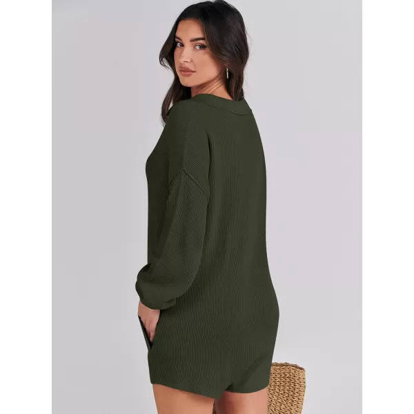 imageANRABESS Women One Piece Pajamas Sweater Rompers 2024 Spring Around House Lounging Outfits Long SLeeve Knit JumpsuitsDark Green