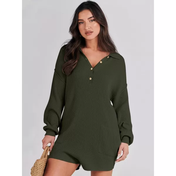 imageANRABESS Women One Piece Pajamas Sweater Rompers 2024 Spring Around House Lounging Outfits Long SLeeve Knit JumpsuitsDark Green