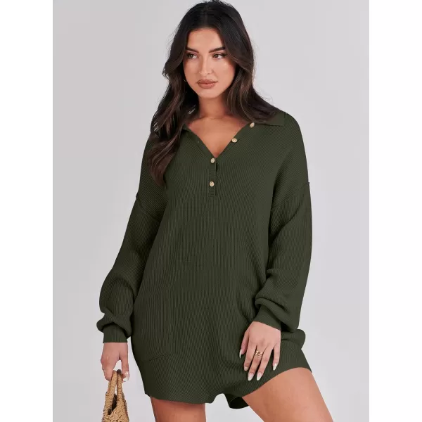 imageANRABESS Women One Piece Pajamas Sweater Rompers 2024 Spring Around House Lounging Outfits Long SLeeve Knit JumpsuitsDark Green