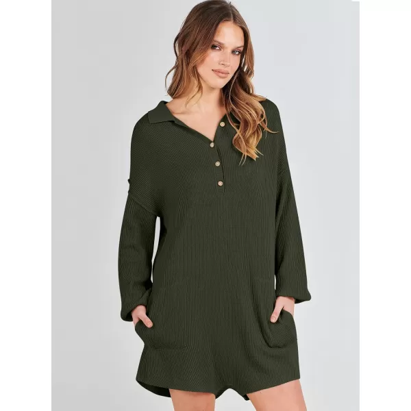 imageANRABESS Women One Piece Pajamas Sweater Rompers 2024 Spring Around House Lounging Outfits Long SLeeve Knit JumpsuitsDark Green