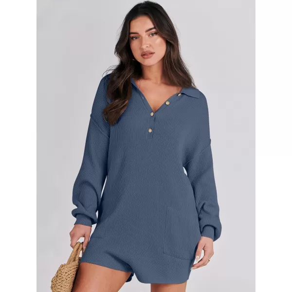 imageANRABESS Women One Piece Pajamas Sweater Rompers 2024 Spring Around House Lounging Outfits Long SLeeve Knit JumpsuitsDusty Blue
