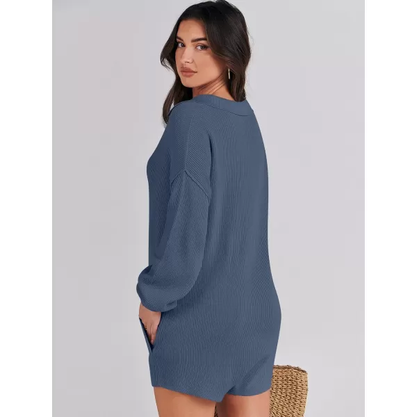 imageANRABESS Women One Piece Pajamas Sweater Rompers 2024 Spring Around House Lounging Outfits Long SLeeve Knit JumpsuitsDusty Blue