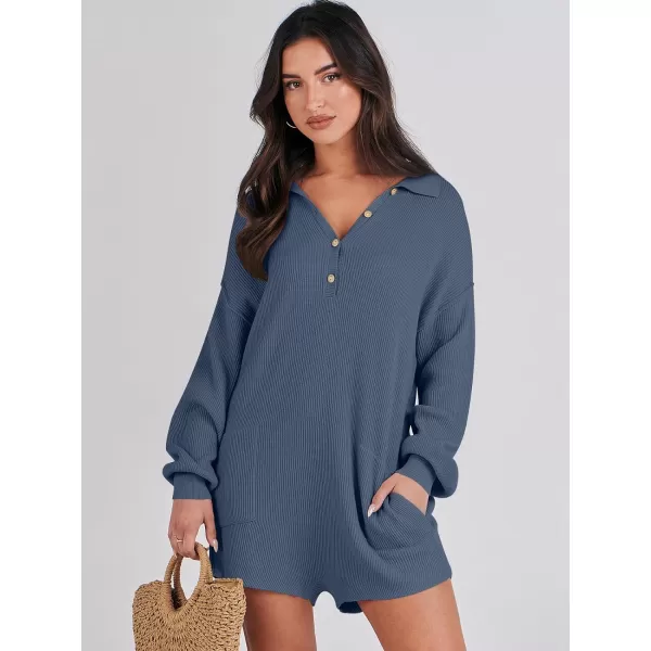 imageANRABESS Women One Piece Pajamas Sweater Rompers 2024 Spring Around House Lounging Outfits Long SLeeve Knit JumpsuitsDusty Blue
